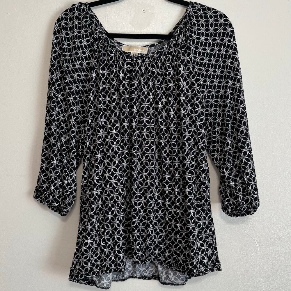MICHAEL Michael Kors Black Blouse with White Rope Geometric Design Size 1X